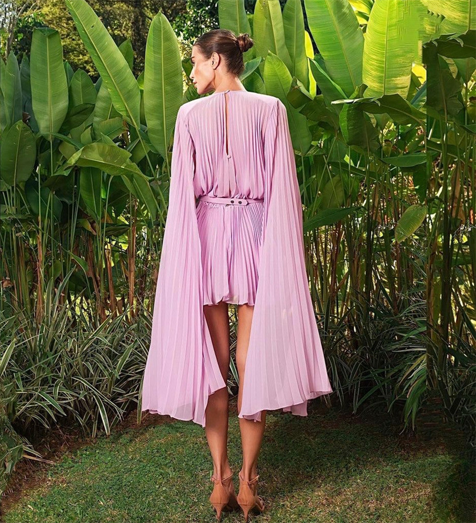 Elegant Short Pink Chiffon Evening Dresses Long Sleeve Ruched Above Knee Length Party Dres for Women