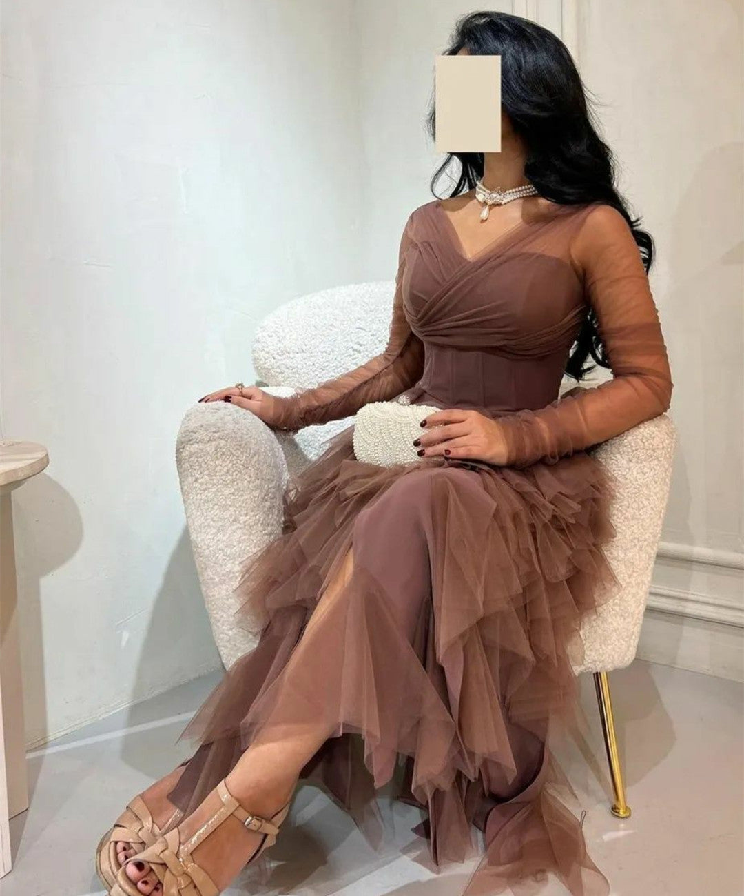 Elegant V-Neck Evening Dresses Long Sleeve فساتين سهرة Tulle Floor Length Formal Party Dress for Women