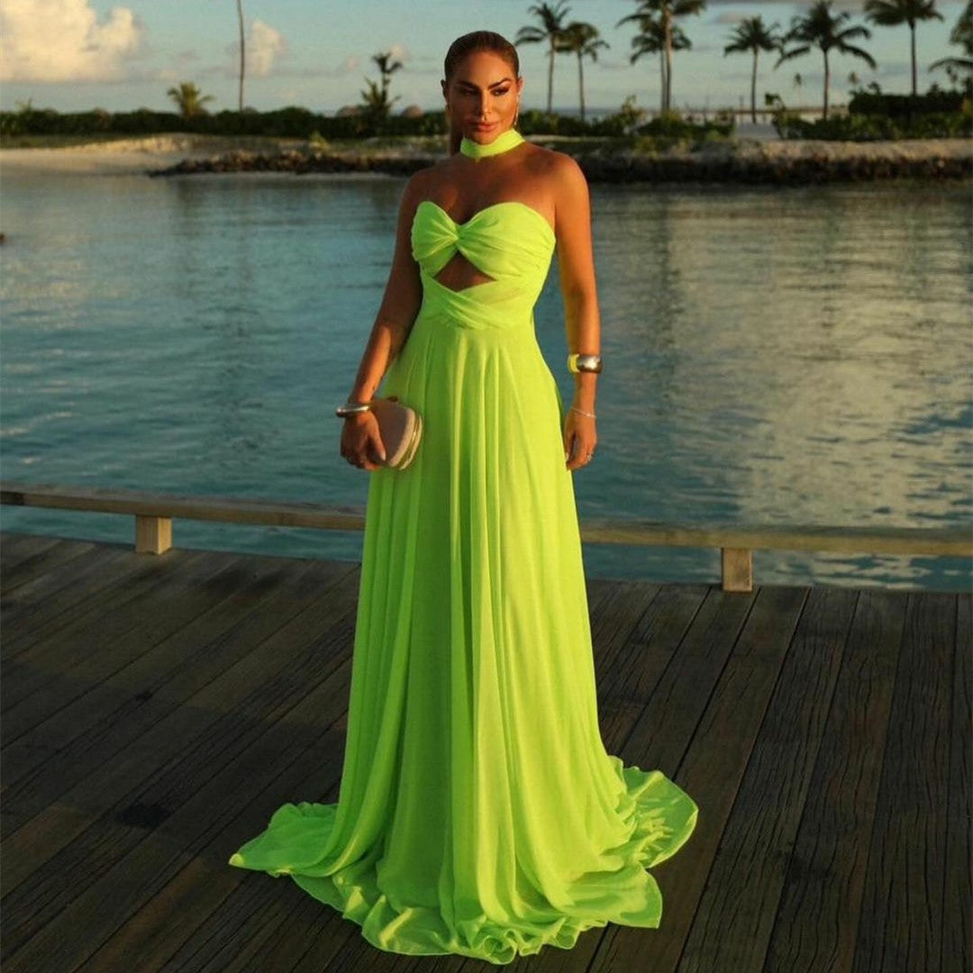 Sexy Long Green Chiffon Prom Dresses A-Line Pleated Sweetheart Watteau Train Evening Dresses for Women