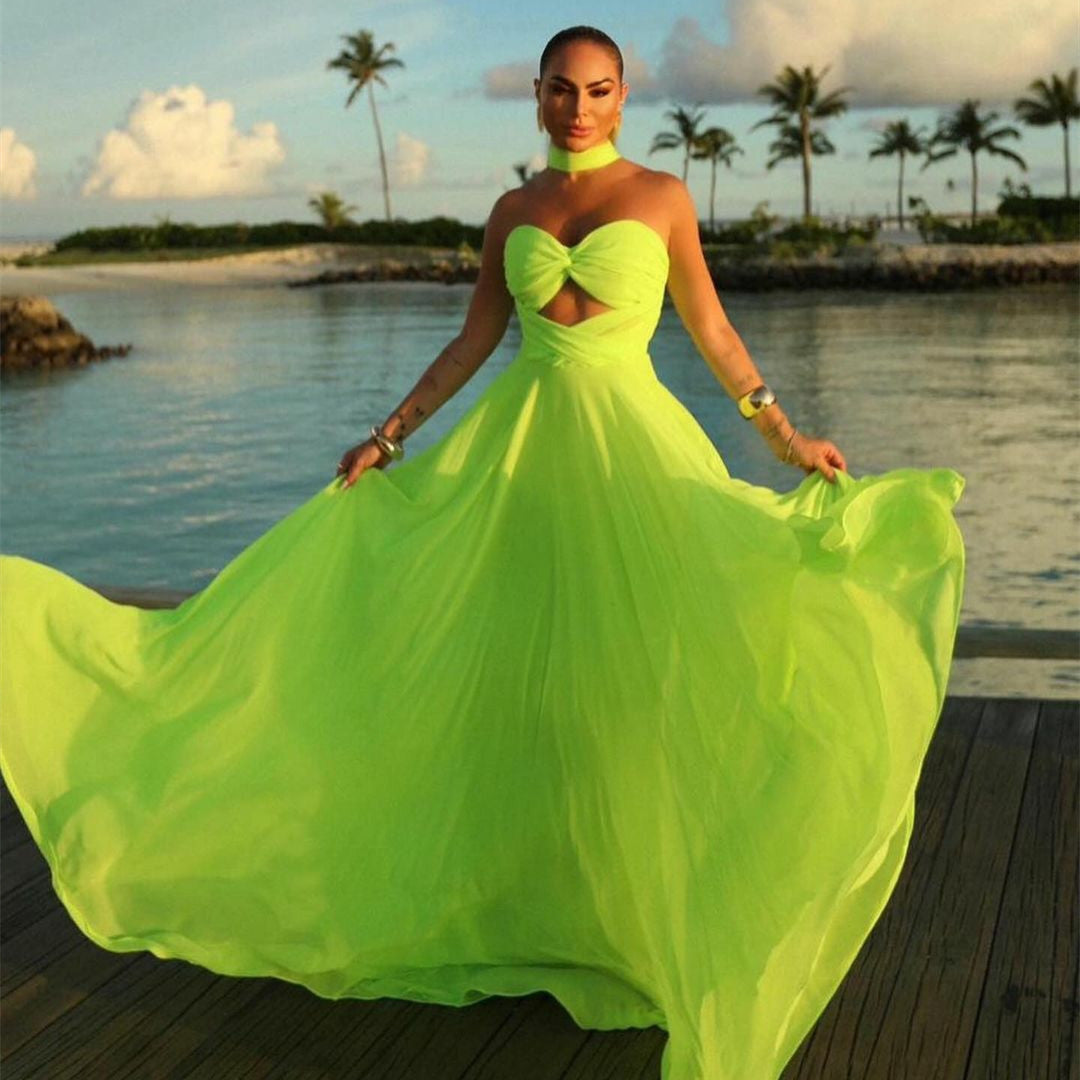 Sexy Long Green Chiffon Prom Dresses A-Line Pleated Sweetheart Watteau Train Evening Dresses for Women