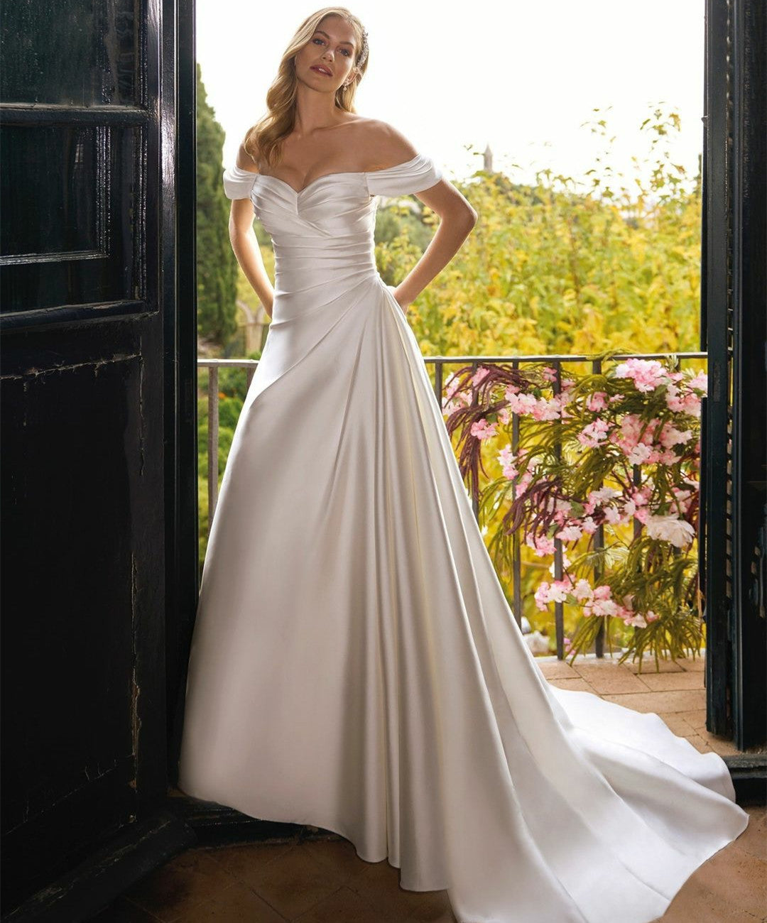 Elegant Long Satin Ivory Off Shoulder Wedding Dresses Mermaid Pleated Sweep Train Bridal Gowns for Women