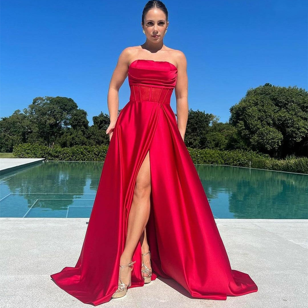 Elegant Long Satin Fuchsia Prom Dresses With Pockets/Slit A-Line Strapless Pleated Watteau Train Evening Dresses for Women