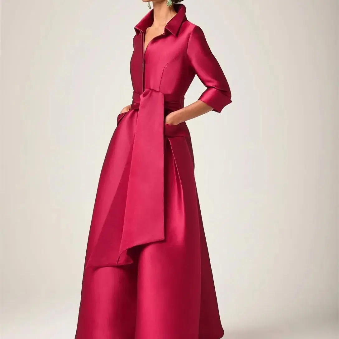 Customized Long Satin Mother of the Brides Dresses with Pockets A-Line V-Neck 3/4 Sleeve Floor Length Godmother Dress for Women
