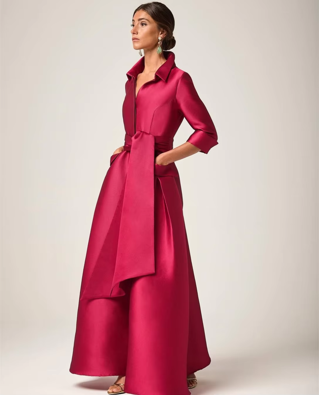Customized Long Satin Mother of the Brides Dresses with Pockets A-Line V-Neck 3/4 Sleeve Floor Length Godmother Dress for Women