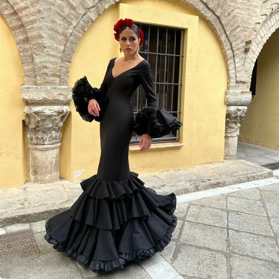 Elegant Long Sleeve Crepe Evening Dresses with Ruffles Mermaid V-Neck Floor Length فساتين سهرة Wedding Guest Dress for Women