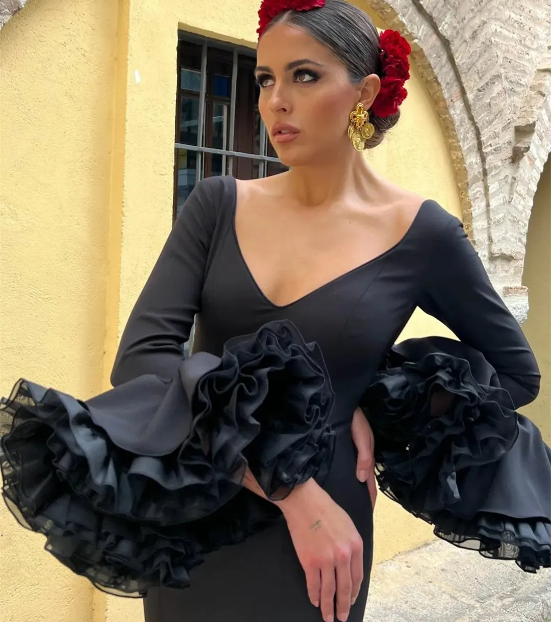 Elegant Long Sleeve Crepe Evening Dresses with Ruffles Mermaid V-Neck Floor Length فساتين سهرة Wedding Guest Dress for Women