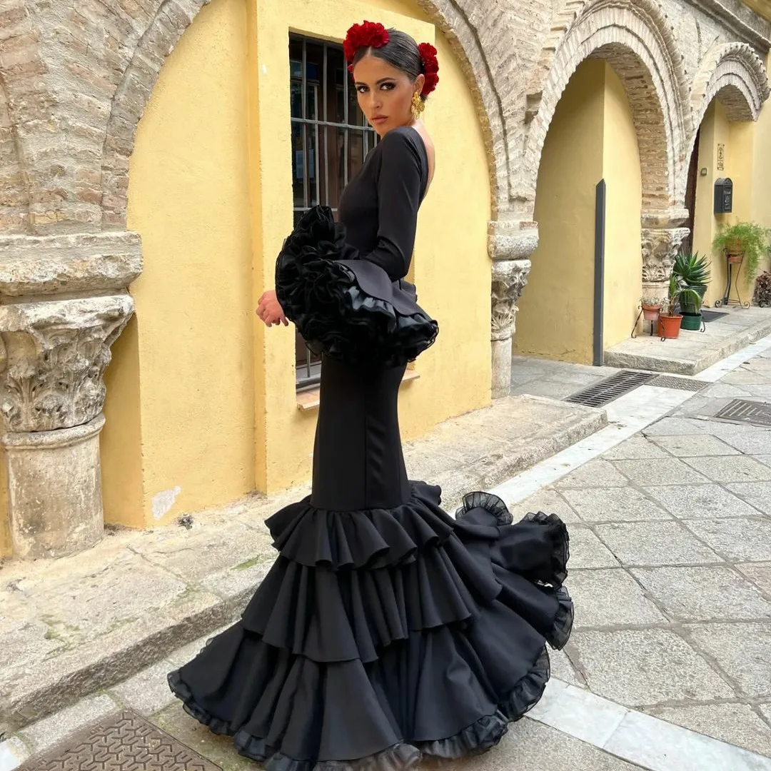 Elegant Long Sleeve Crepe Evening Dresses with Ruffles Mermaid V-Neck Floor Length فساتين سهرة Wedding Guest Dress for Women