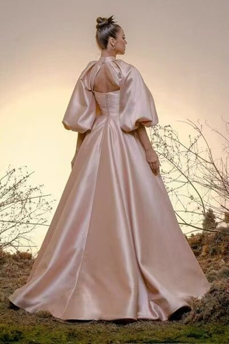 Customized Long Satin Halter Evening Dresses with Pockets A-Line Pink Pleated Watteau Train Party Dress for Women