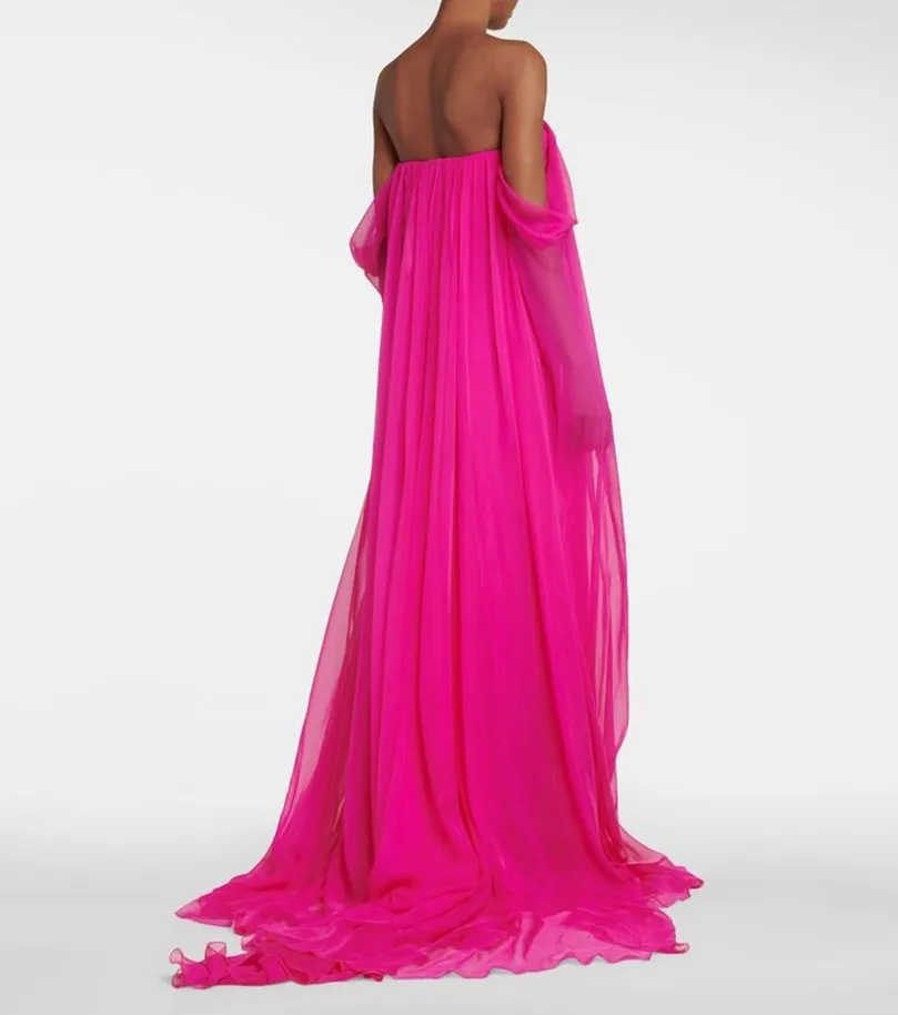 Sexy Long Pink Chiffon Evening Dresses A-Line Off Shoulder Pleated فساتين السهرة Prom Dress for Women