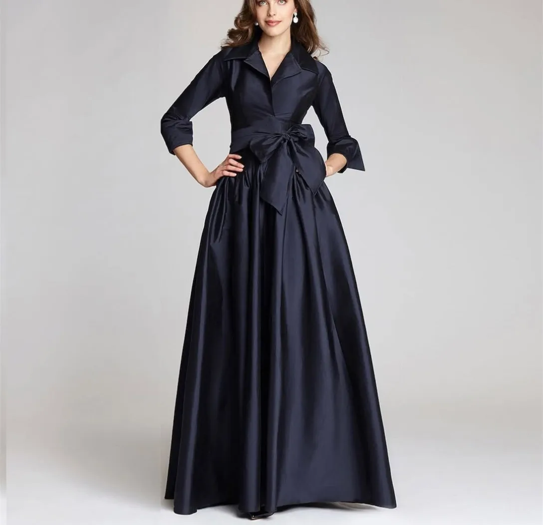 Customized Long Navy Blue Evening Dresses with Bow/Pockets A-Line Taffeta V-Neck Floor Length Wedding Guest Dresses for Women