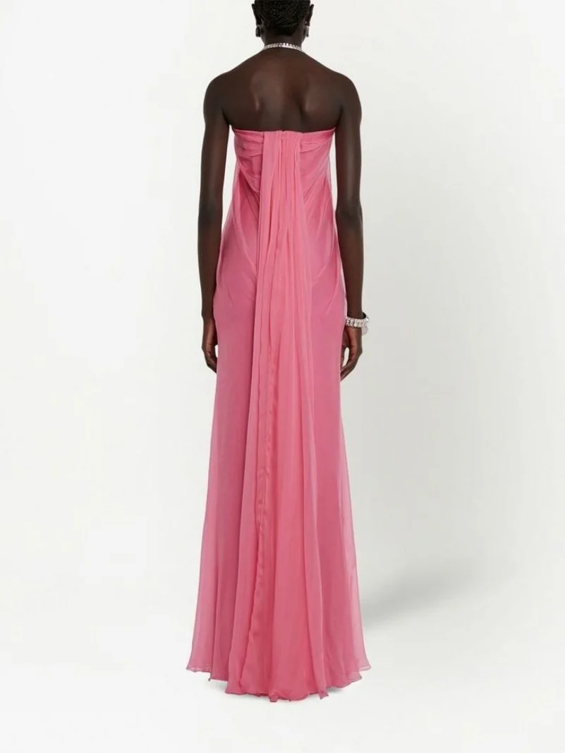 Customized Long Pink Chiffon Evening Dresses A-Line Strapless Pleated Zipper Back Floor Length Prom Dress Abendkleid for Women
