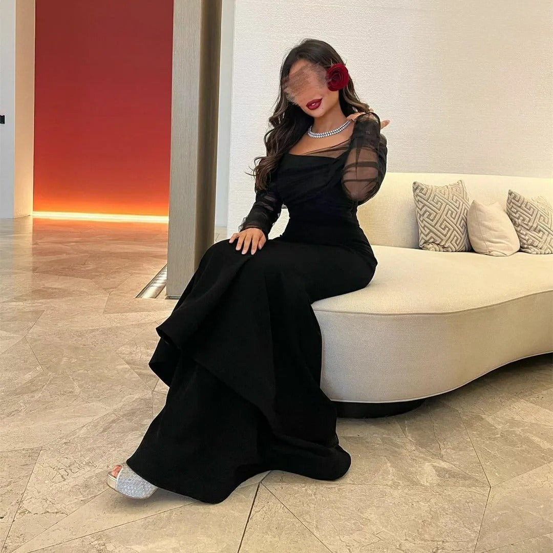 Elegant Long Sleeve Black Tulle Evening Dresses Mermaid Boat Neck Sweep Train Crepe Ramadan Dresses for Women