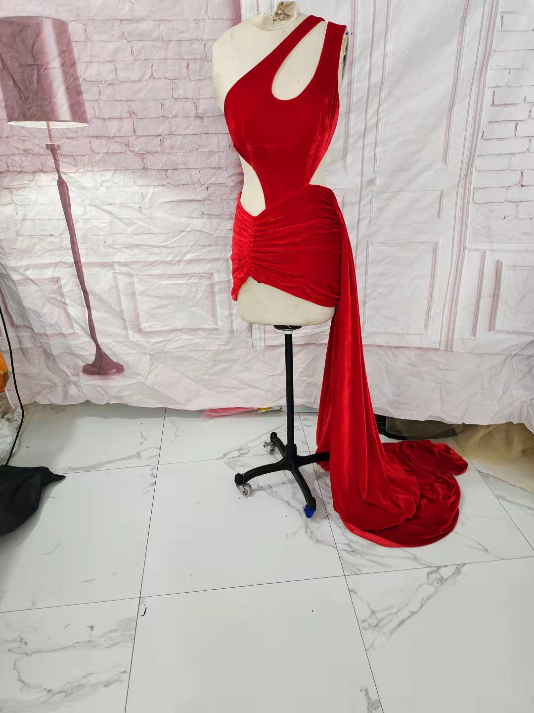 Sexy Short Red Velvet Birthday Dresses Sheath One Shoulder Mini Length Evening Dress for Women