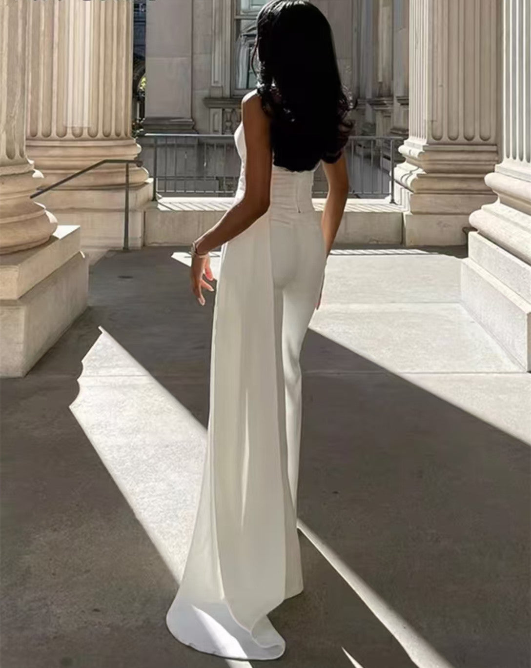 Elegant Long Strapless Crepe Pantsuit Wedding Dresses with Ribbon Sheath Floor Length Jumpsuit فساتين سهرة Wedding Guest Dress for Women