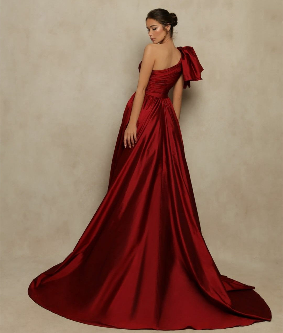 Long Burgundy Taffeta Prom Dresses With Slit Sheath One Shoulder Pleated فساتين السهرة Evening Dresses for Women
