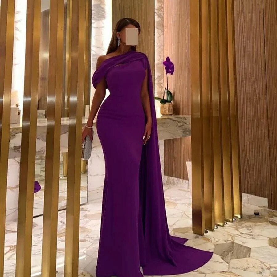 Vintage Long One Shoulder Purple Prom Dresses Mermaid Crepe Evening Dresses robe de soirée de mariage فساتين السهرة