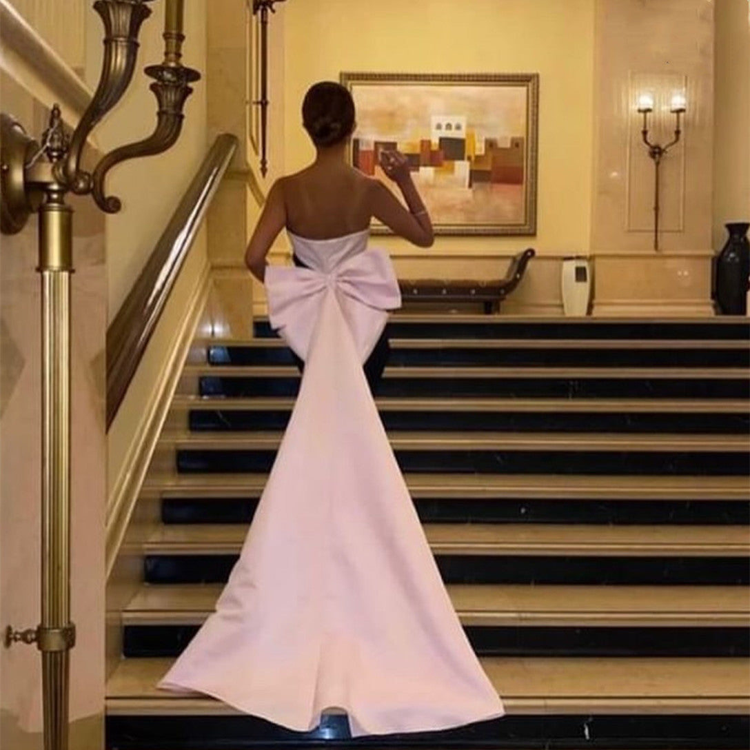 Elegant Long Pink&Black Satin Evening Dresses With Slit Mermaid Strapless Crepe Floor Length Party Dress With Bow