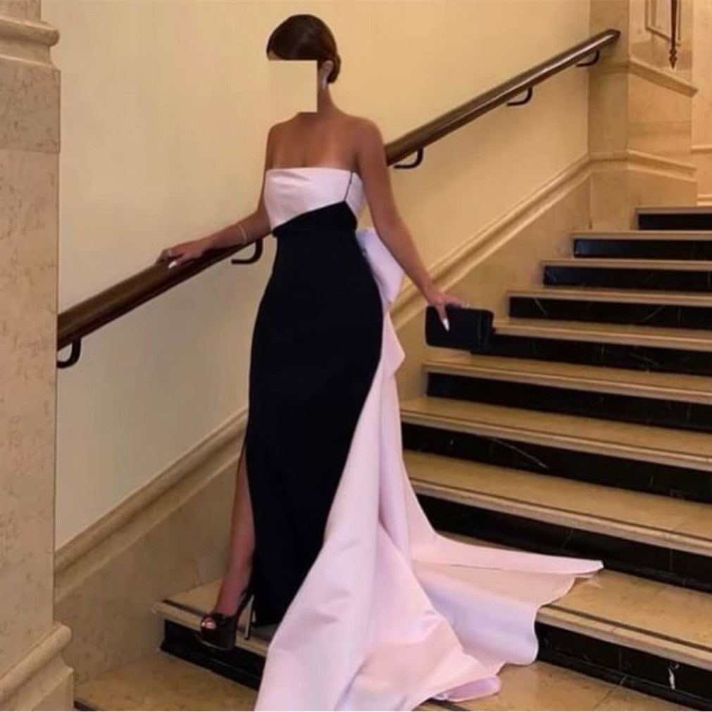 Elegant Long Pink&Black Satin Evening Dresses With Slit Mermaid Strapless Crepe Floor Length Party Dress With Bow