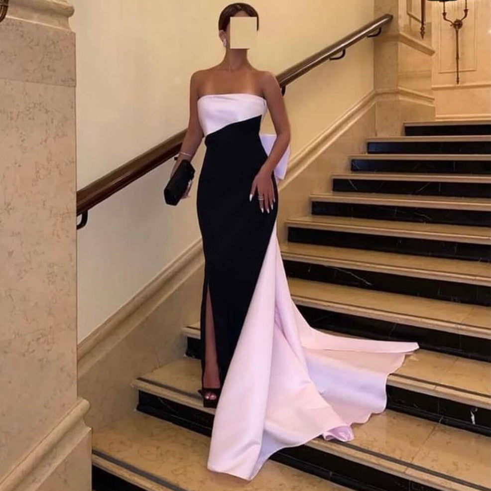 Elegant Long Pink&Black Satin Evening Dresses With Slit Mermaid Strapless Crepe Floor Length Party Dress With Bow
