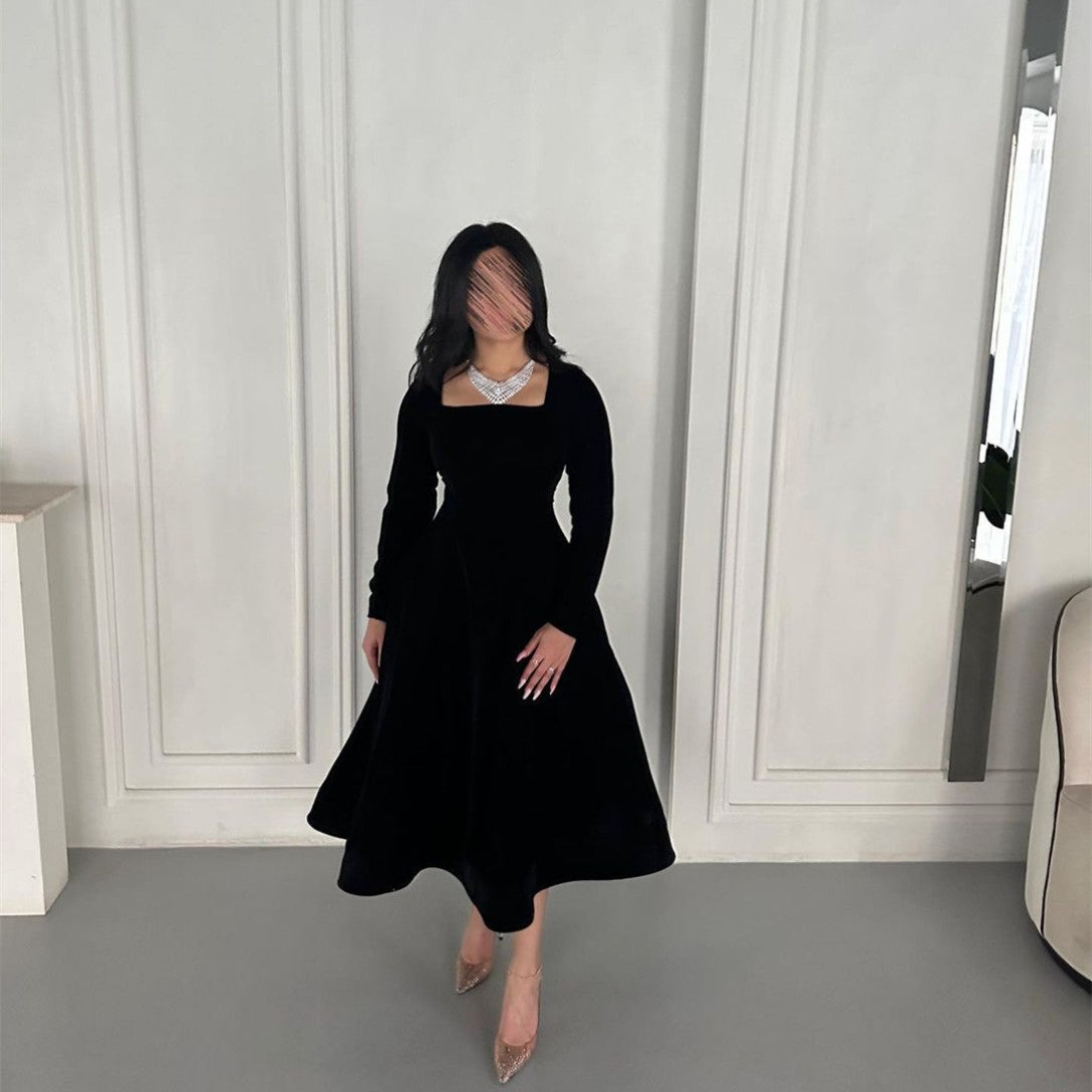 Elegant Short Black Velvet Evening Dresses With Pockets A-Line Sqaure Collar Tea Length Prom Dresses for Women