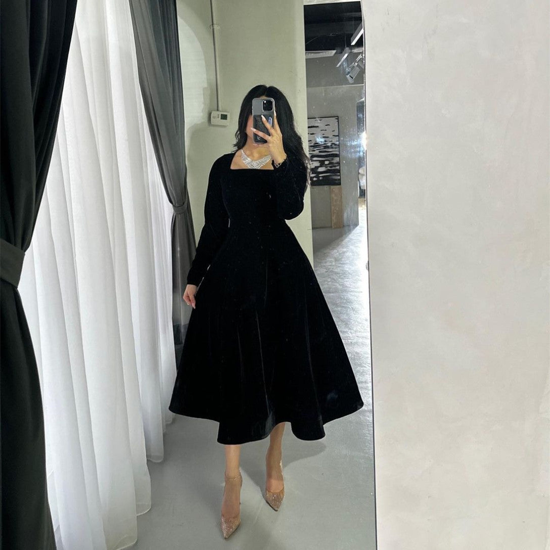Elegant Short Black Velvet Evening Dresses With Pockets A-Line Sqaure Collar Tea Length Prom Dresses for Women