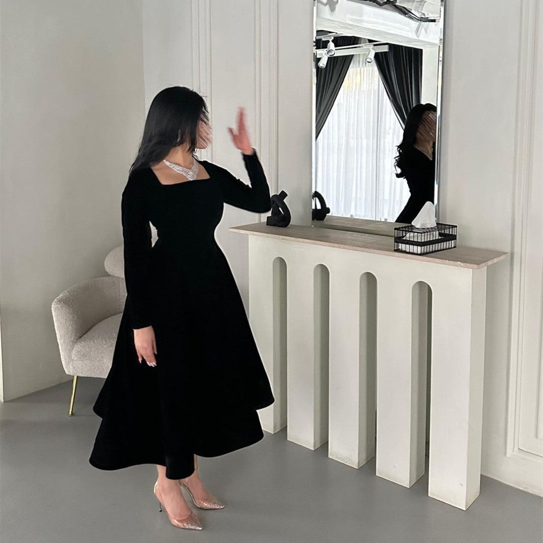 Elegant Short Black Velvet Evening Dresses With Pockets A-Line Sqaure Collar Tea Length Prom Dresses for Women