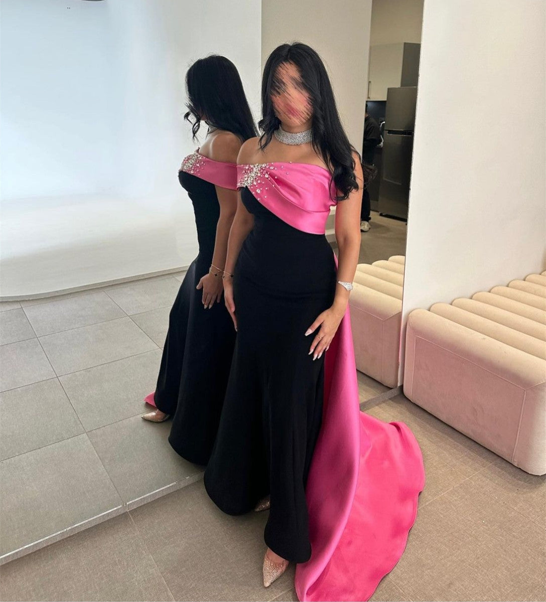 Elegant Long Crepe Black Prom Dresses Mermaid Black One Shoulder Satin Evening Dresses Beaded for Women