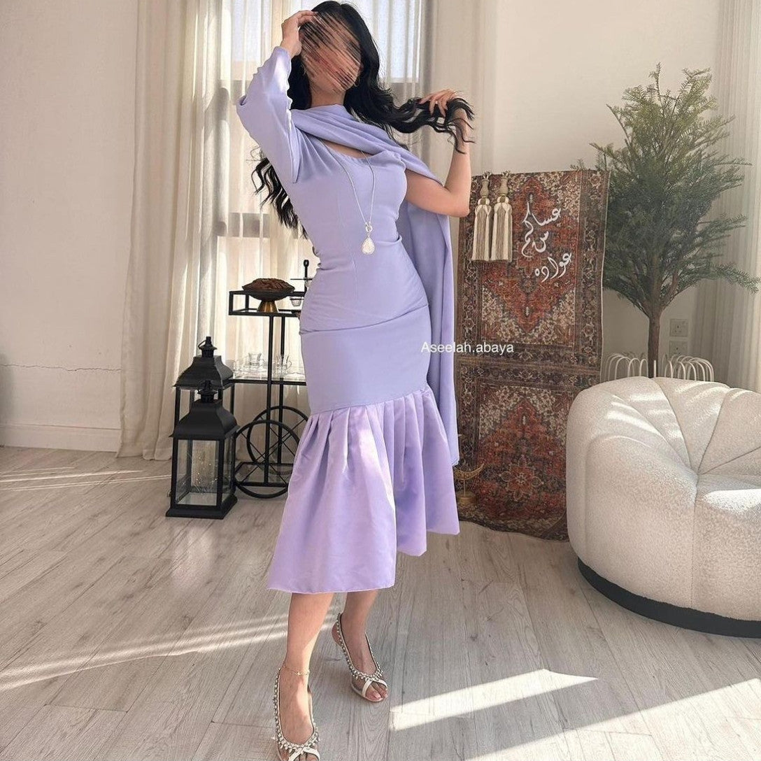 Short Lilac Crepe Evening Dresses Long One Shoulder Tea Length Ruffled Satin Ramadan Dresses for Women