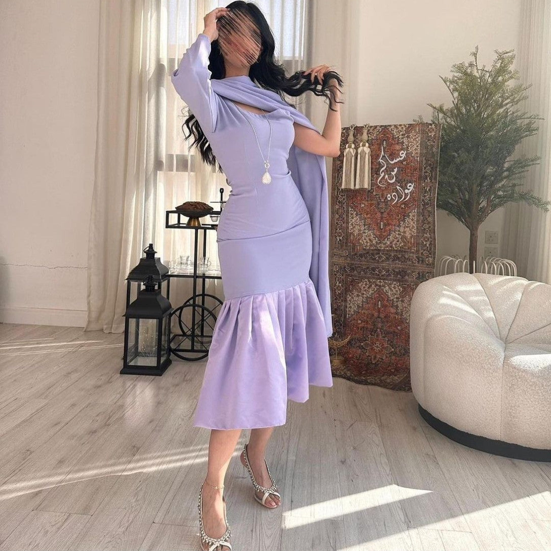 Short Lilac Crepe Evening Dresses Long One Shoulder Tea Length Ruffled Satin Ramadan Dresses for Women