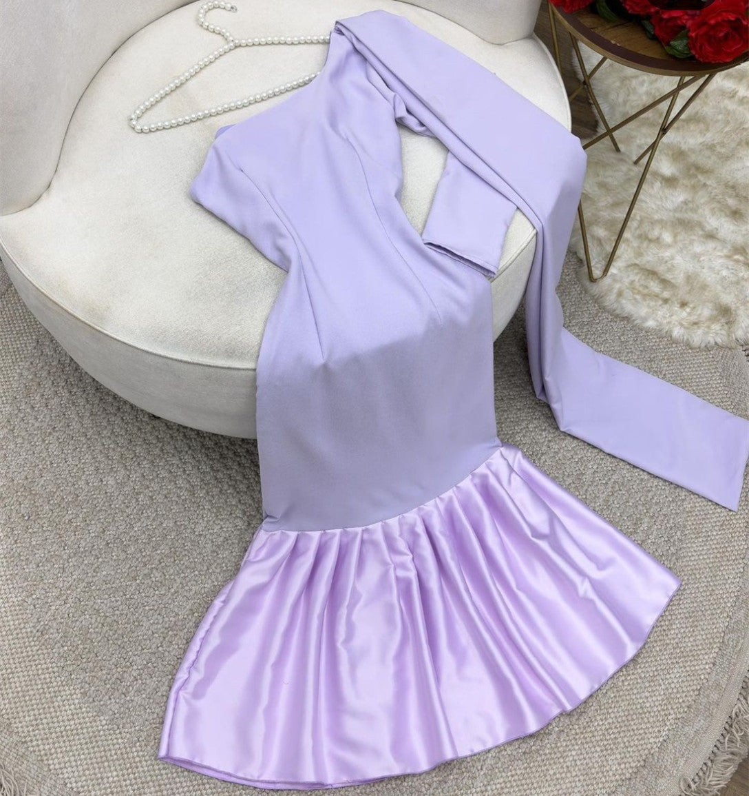 Short Lilac Crepe Evening Dresses Long One Shoulder Tea Length Ruffled Satin Ramadan Dresses for Women