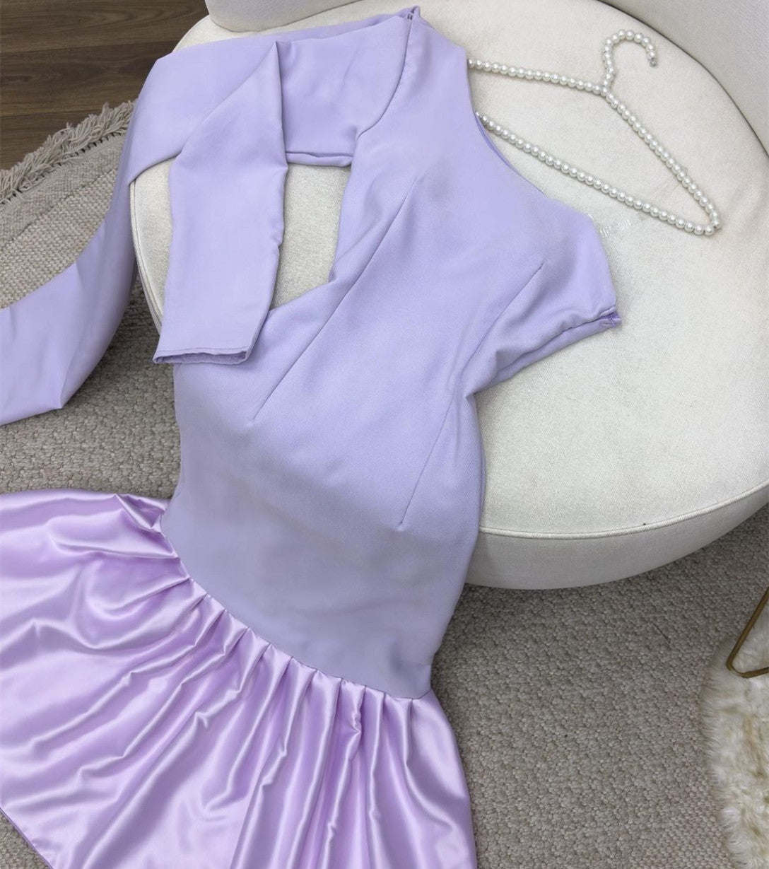 Short Lilac Crepe Evening Dresses Long One Shoulder Tea Length Ruffled Satin Ramadan Dresses for Women