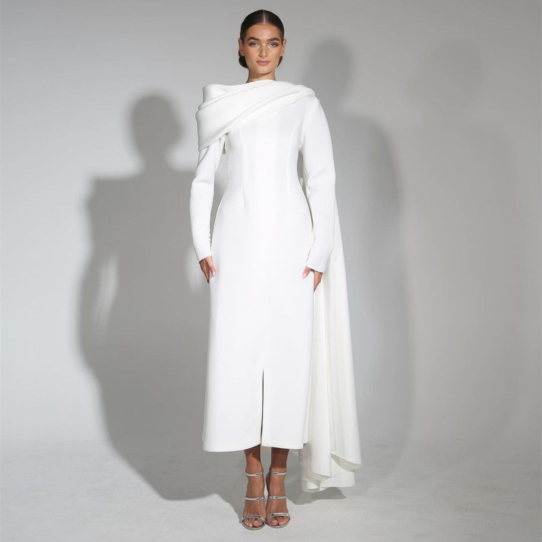 Classy Short White Crepe Evening Dresses With Cape/Slit Sheath O-Neck Above Ankle Length Ramadan Dresses for Women