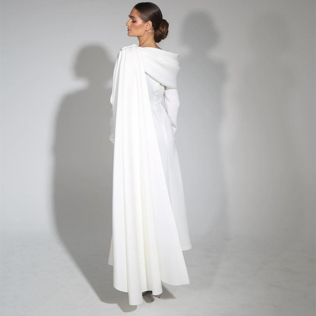 Classy Short White Crepe Evening Dresses With Cape/Slit Sheath O-Neck Above Ankle Length Ramadan Dresses for Women