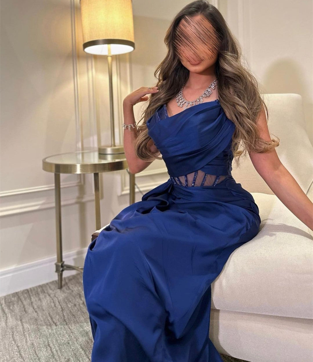 Elegant Long Dark Blue Satin Evening Dresses With Slit Mermaid V-Neck فساتين السهرة Watteau Train Ramadan Eid Dresses
