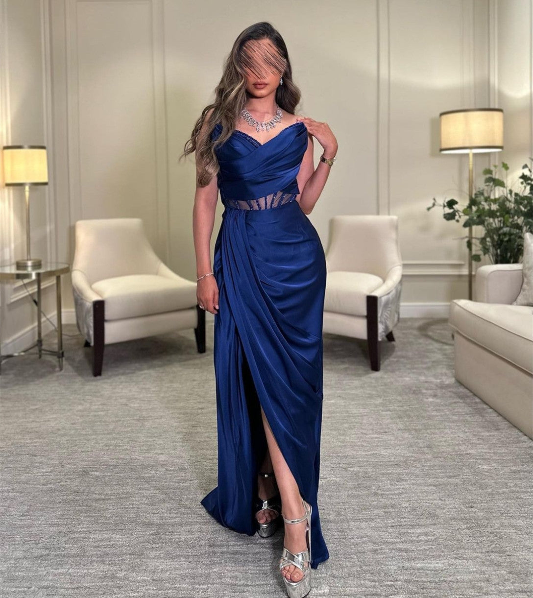 Elegant Long Dark Blue Satin Evening Dresses With Slit Mermaid V-Neck فساتين السهرة Watteau Train Ramadan Eid Dresses
