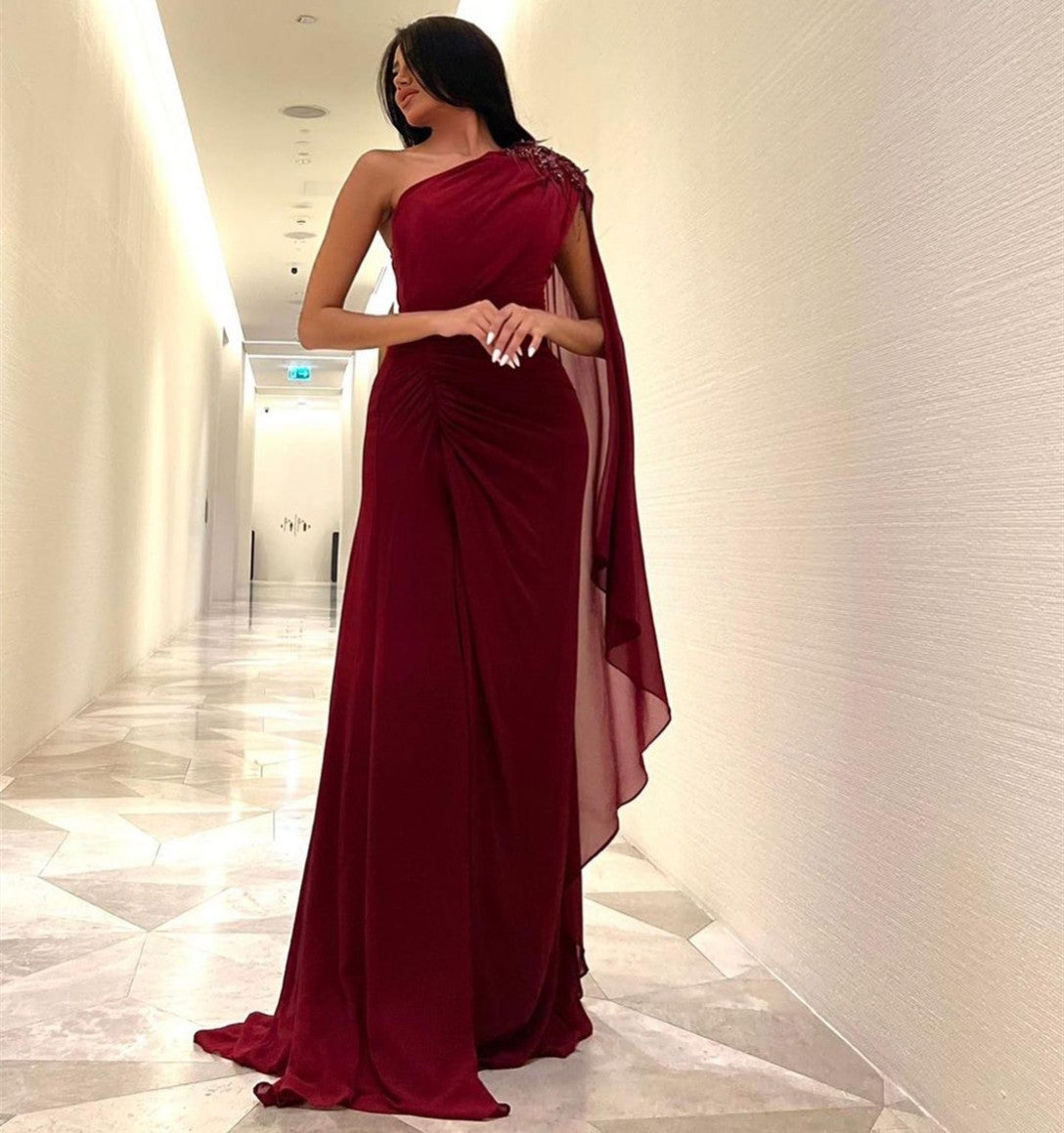 Elegant Long One Shoulder Crepe Eevning Dresses Mermaid Burgundy Prom Dresses for Women