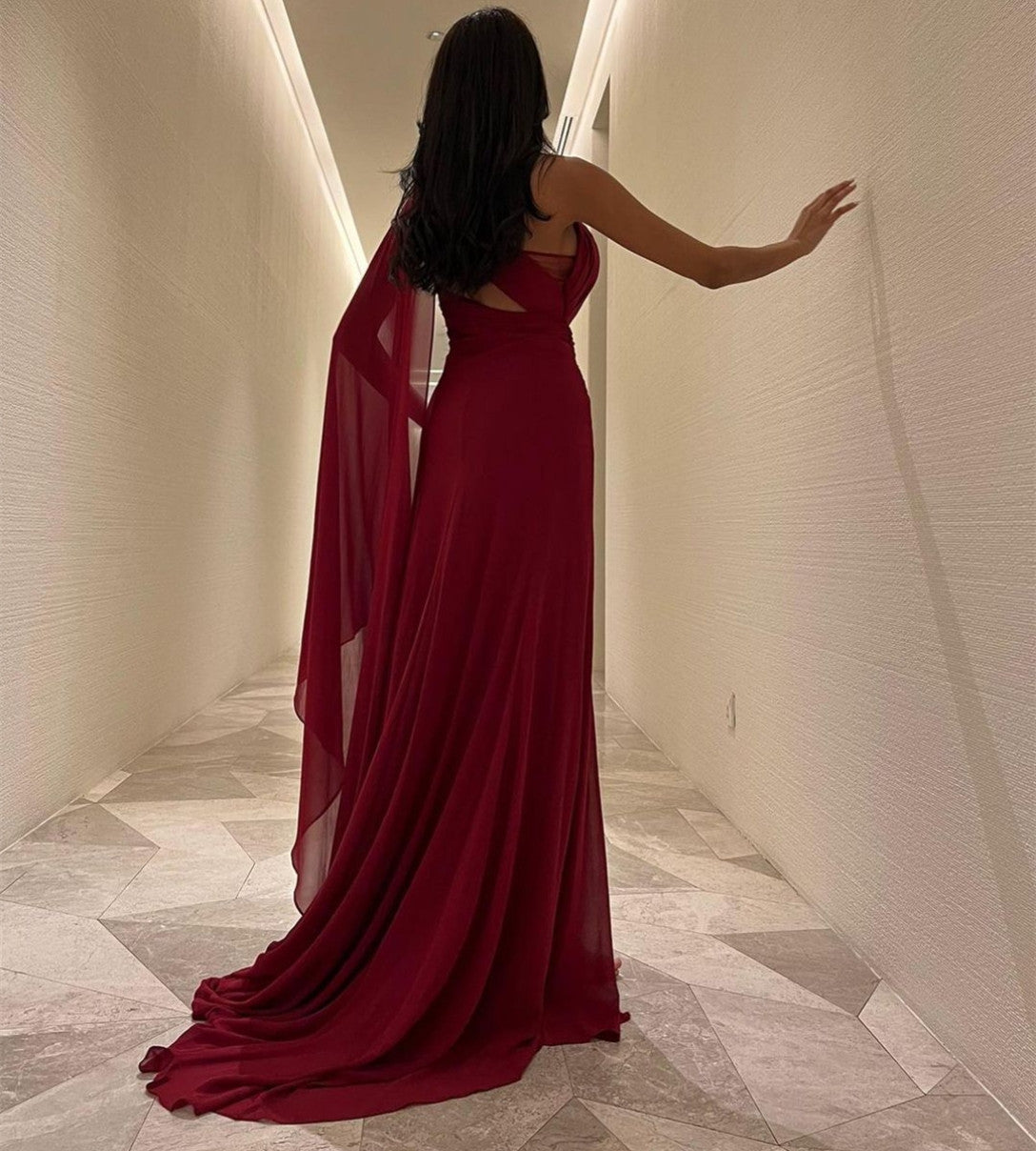 Elegant Long One Shoulder Crepe Eevning Dresses Mermaid Burgundy Prom Dresses for Women