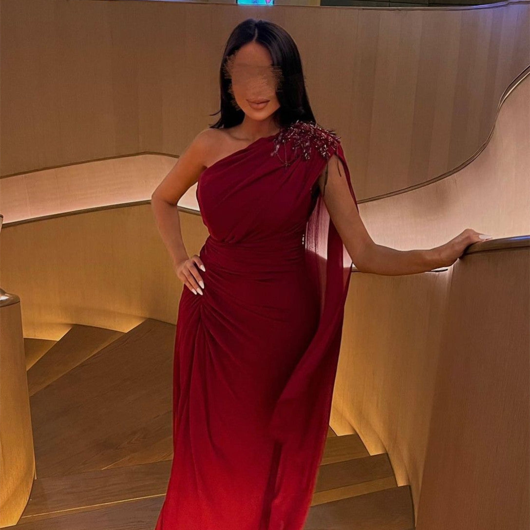 Elegant Long One Shoulder Crepe Eevning Dresses Mermaid Burgundy Prom Dresses for Women