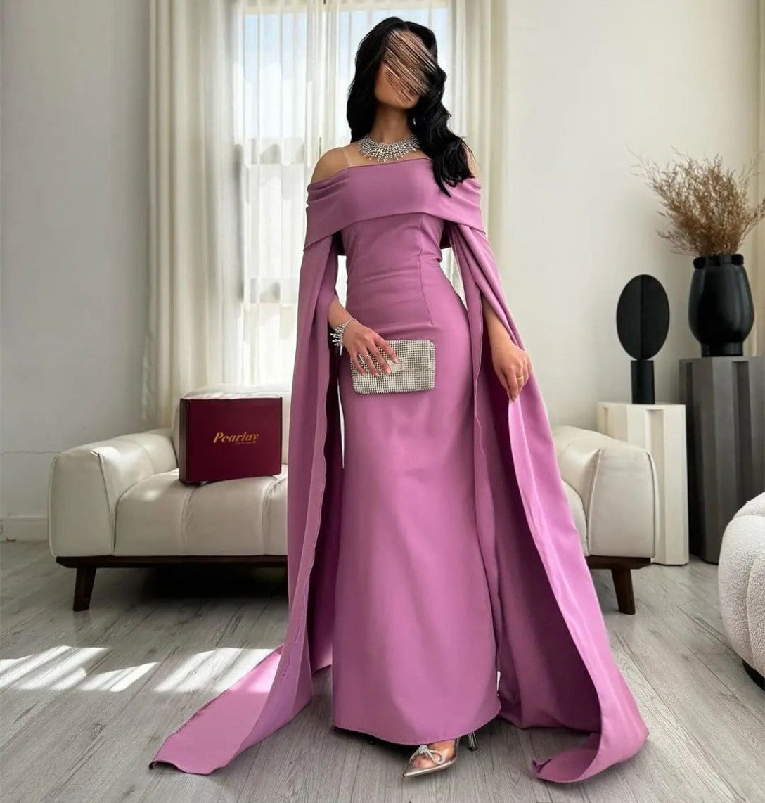 Elegant Long Crepe Evening Dresses Mermaid Long Sleeve Floor Length Ramadan Dresses for Women