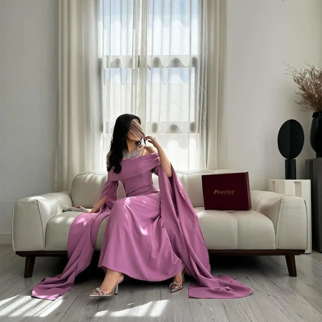 Elegant Long Crepe Evening Dresses Mermaid Long Sleeve Floor Length Ramadan Dresses for Women