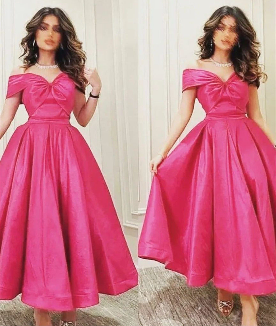 Elegant Short Off Shoulder Taffeta Evening Dresses With Pockets A-Line Pleated Ankle Length Ramadan Prom Dresses for Women