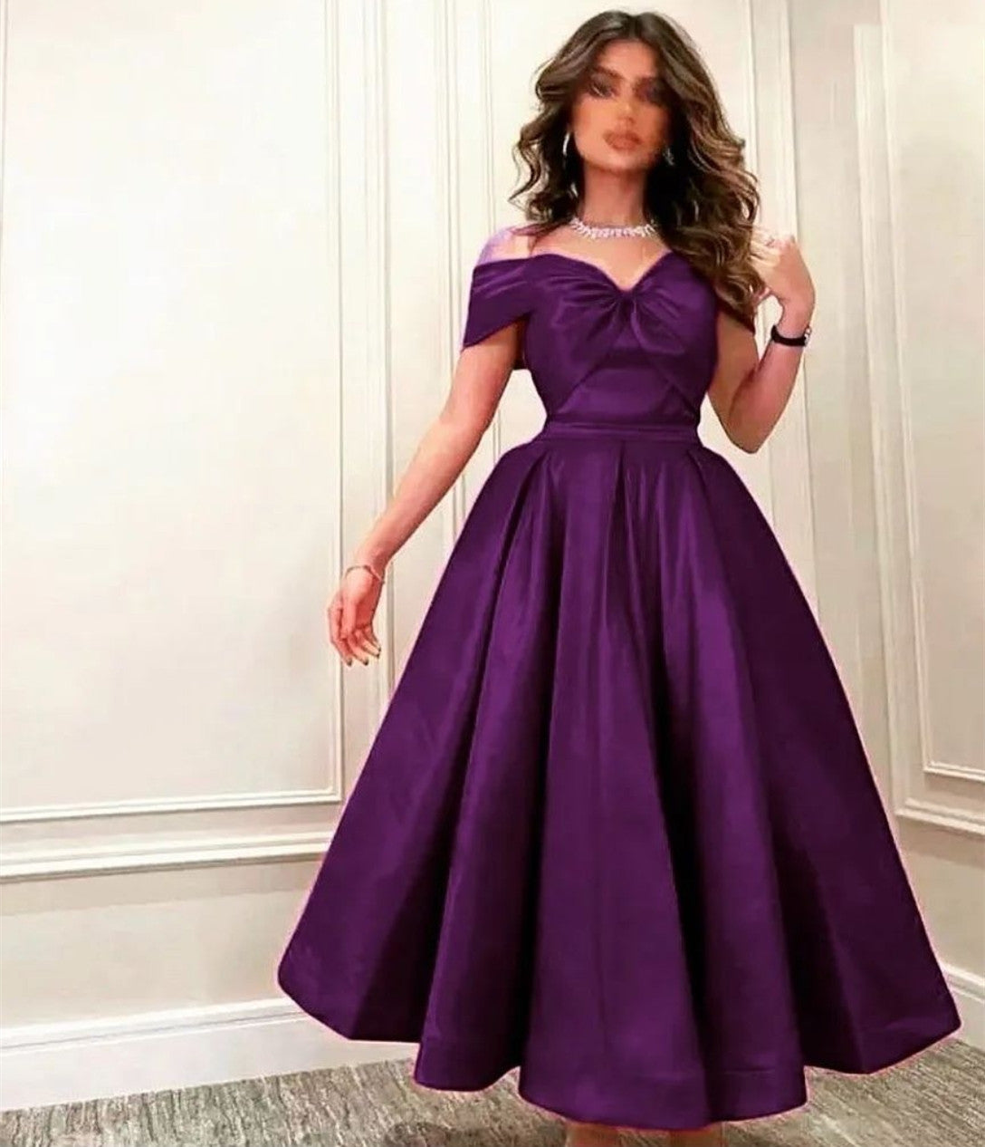 Elegant Short Off Shoulder Taffeta Evening Dresses With Pockets A-Line Pleated Ankle Length Ramadan Prom Dresses for Women