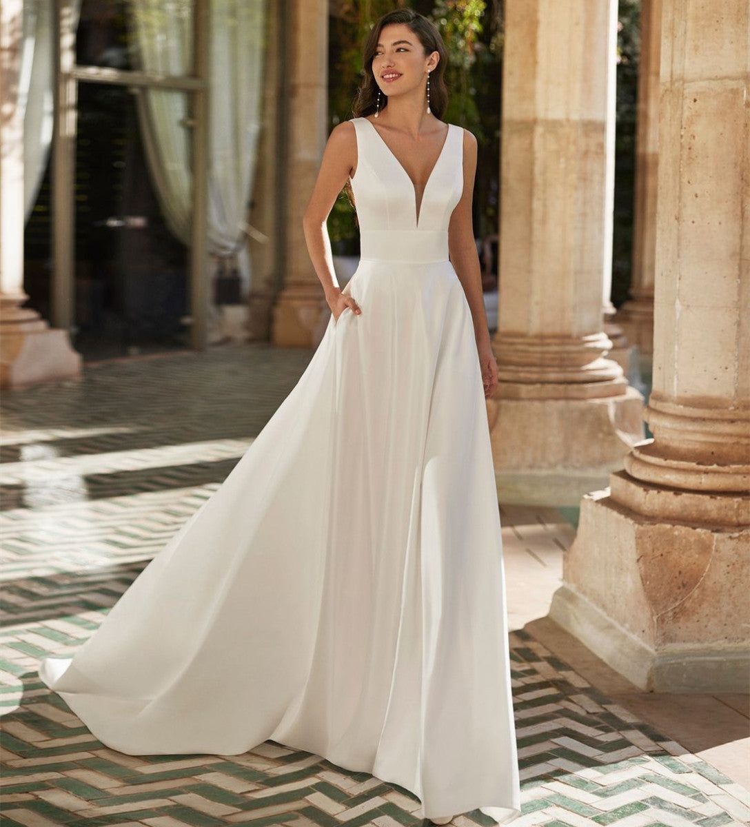 Classy Long Satin V-Neck Wedding Dresses With Pockets A-Line Sleeveless Lace Up Back Bridal Gowns for Women