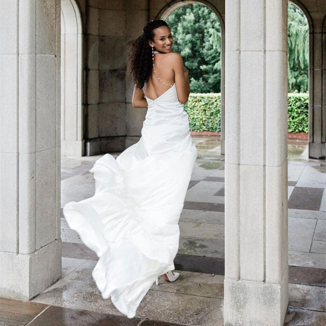 Elegant Long Halter Crepe Mermaid Wedding Dresses Sleeveless Sweep Train Pleated Bridal Gowns for Women