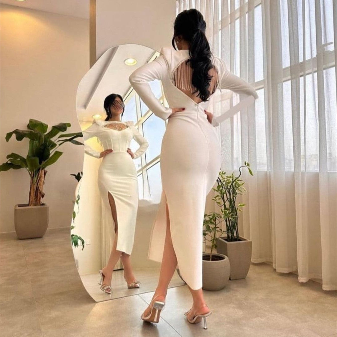 Luxury Short Crepe Off White Beaded Evening Dresses With Slit Sheath Bateau Neck Tea Length Ramadan Dresses for Women