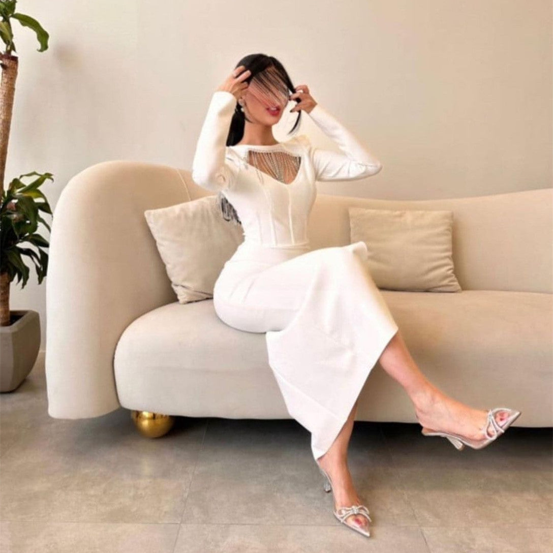 Luxury Short Crepe Off White Beaded Evening Dresses With Slit Sheath Bateau Neck Tea Length Ramadan Dresses for Women