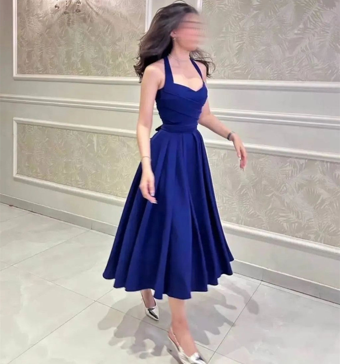 Classy Short Royal Blue Satin Evening Dresses With Pockets A-Line Sweetheart Tea Length Ramadan Dresses for Women