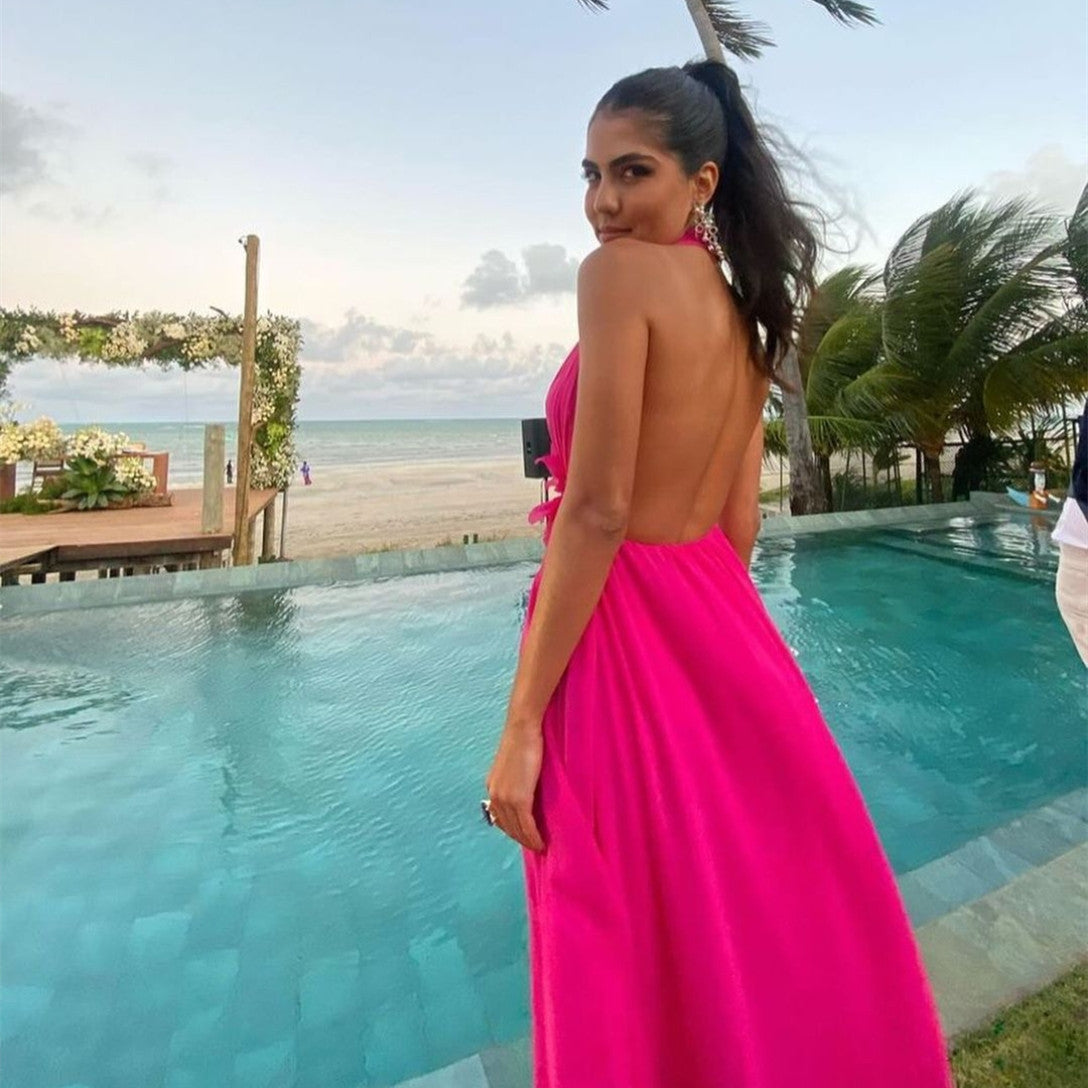 Sexy Long Hot Pink Backless Prom Dresses With Flower A-Line Chiffon Halter Evening Dresses for Women