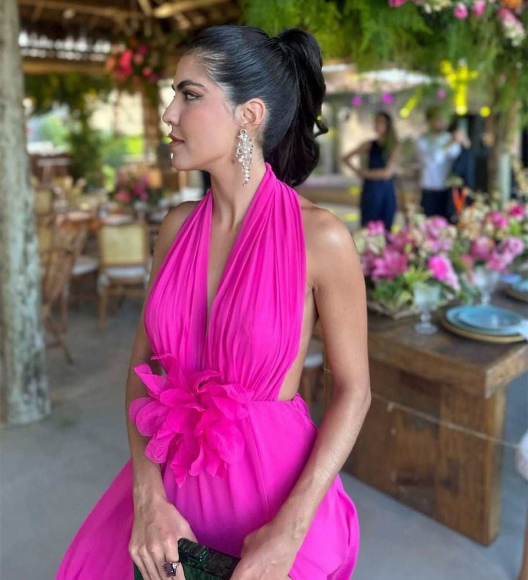 Sexy Long Hot Pink Backless Prom Dresses With Flower A-Line Chiffon Halter Evening Dresses for Women