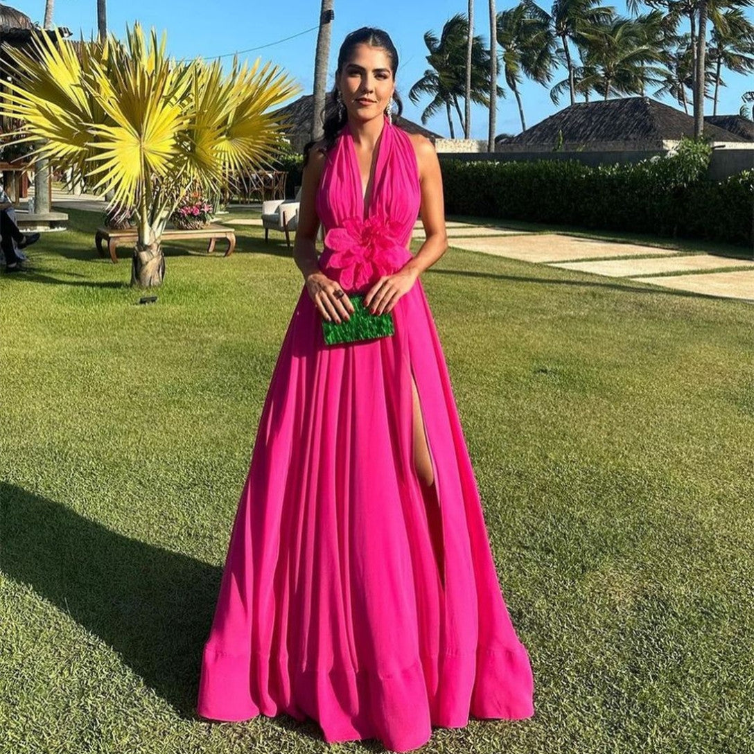 Sexy Long Hot Pink Backless Prom Dresses With Flower A-Line Chiffon Halter Evening Dresses for Women